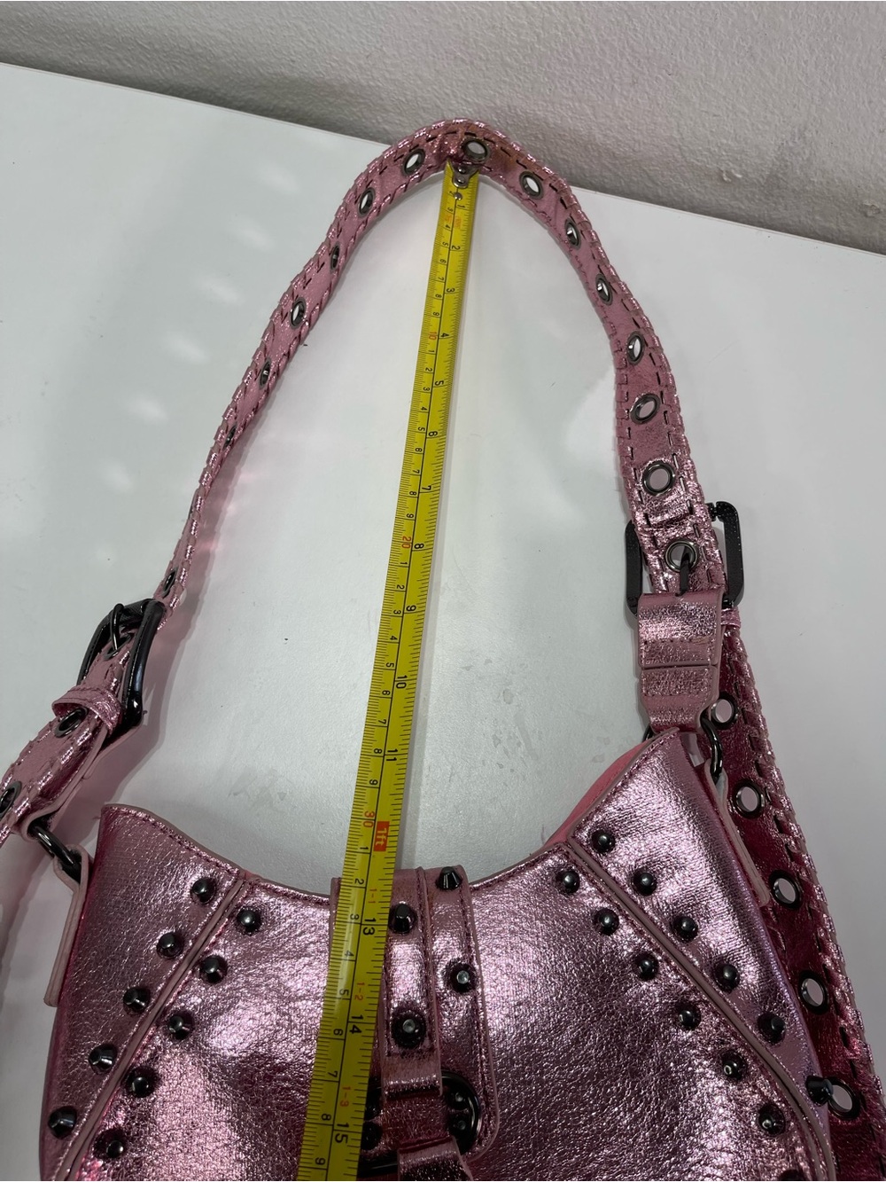 Y2K Style Urban Outfitters Shoulder Bag Metallic Pink Studded Buckle Purse - Picture 4 of 9